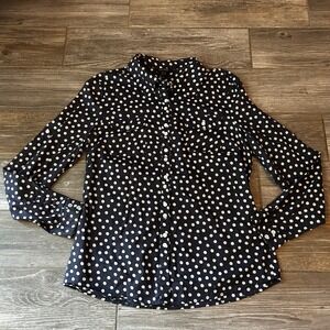 Long Tall Sally Navy White Polka Dot Button Down Shirt Long Sleeve Women Size 14